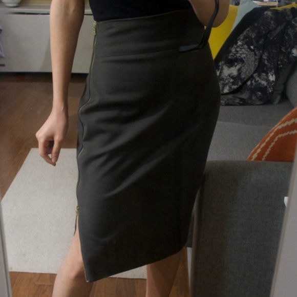 Express Dresses & Skirts - Express High-waist Gold Zip-up Midi Skirt (Olive)